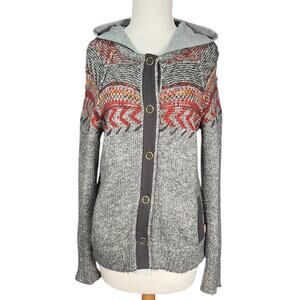 Legacy Collection Hooded Knit Cardigan Sweater Gray Fair Isle Button Up Medium